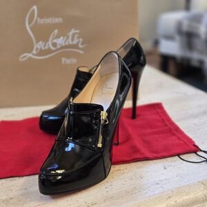 Louboutin Black Patent Lapano Loafer Zipper Booties - EUC